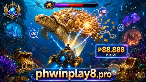 PHWIN fishing scene with a golden fish crossing sapphire water among jellyfish, shells and bubbles