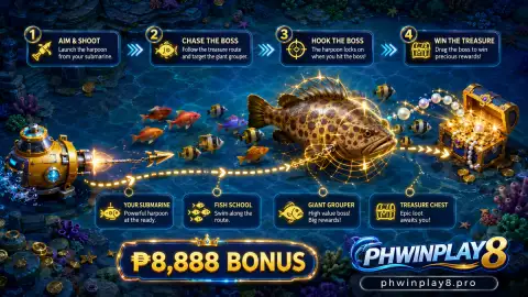 Fantasy sapphire shark turning across golden fish and drifting jellyfish in the PHWIN fishing scene