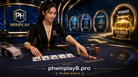 Professional adult dealer calmly restoring cards and crystal chips across a sapphire PHWIN live casino table
