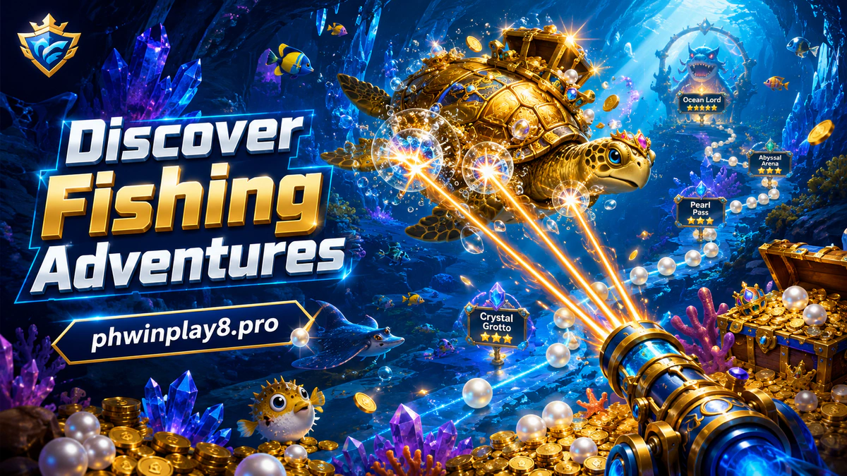 PHWIN game download fishing preview with a golden fish moving through a sapphire arcade scene